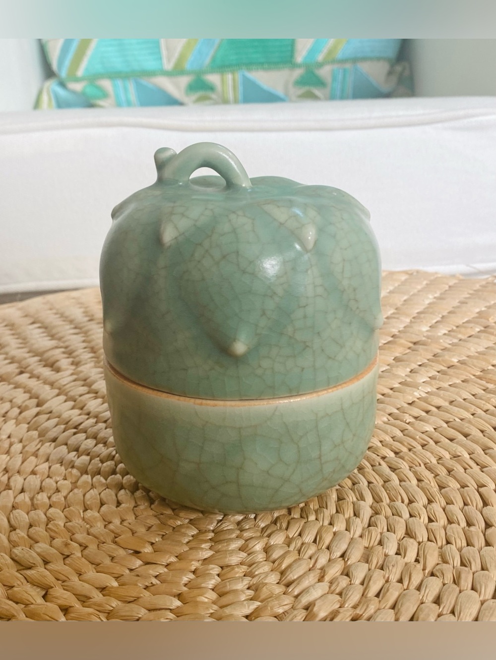 VTG Celadon Crackle Glaze Ginger Jar w Lid Squash Artichoke Chinese Mid Century - Picture 1 of 7
